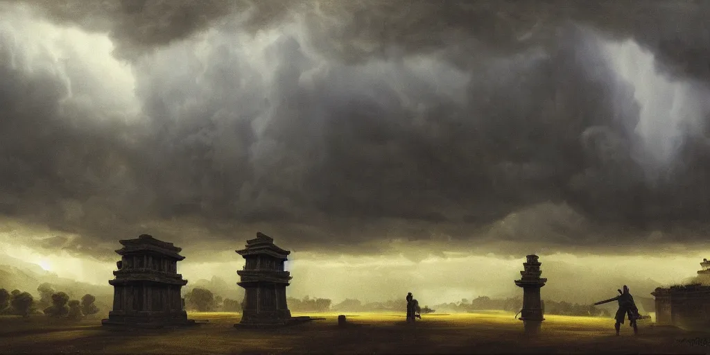 Image similar to 2 1 savage, shadow of the colossus, in front of a temple, at chicago, storm clouds, dramatic lighting, hudson river school