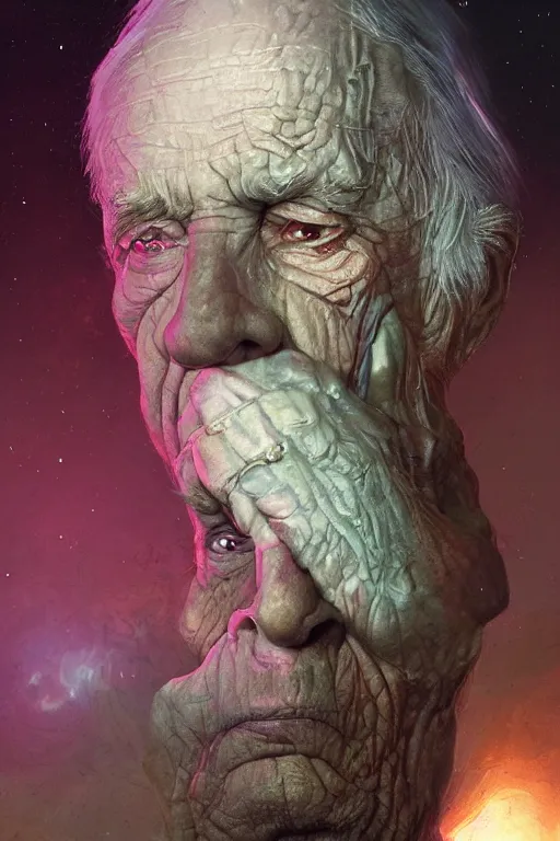 Image similar to the look of an elderly person 6 5 5 4 1 8 8 full of wrinkles and imperfections by artgem and greg rutkowski, highly detailed, high contrast, light reflection, trippy, nebula, trending on artstation