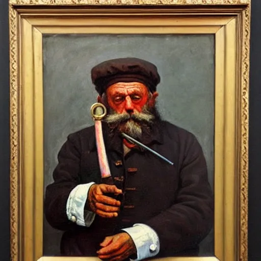 Image similar to painting of sailor hobo hyperrealism vasily vereshchagin holding a pipe