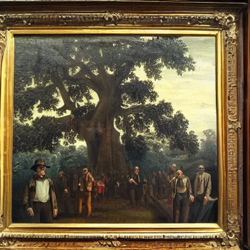 Image similar to huge tree with a lot of hangmans, southern gothic art, 1 9 th century scene, painted by friedrich caspar david