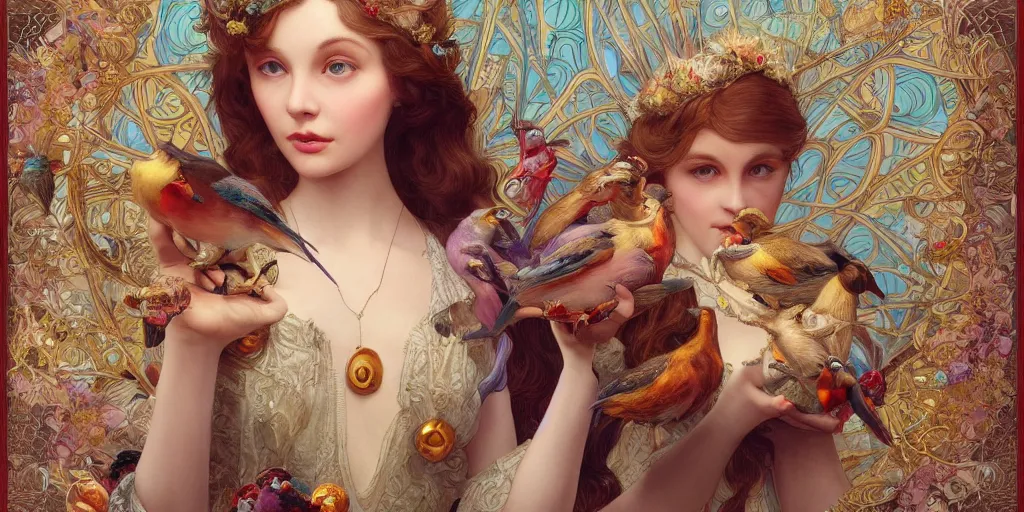 Image similar to zoom in 3 d render of english princess holding birds, ornaments, mucha vibe, dieselpunk, solarpunk, artstation, andrei riabovitchev