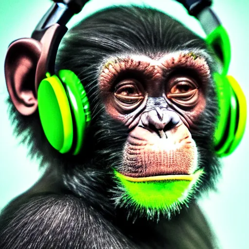 Image similar to a high quality photo of a green chimp wearing headphones, realism, 8k