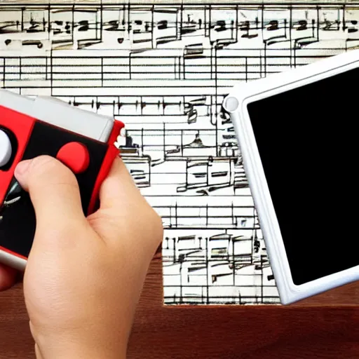 Image similar to a hand holding a nintendo DS, on the screen of the Nintendo DS is a 8bit photo of Mozart Writing a piece on a piece of paper.