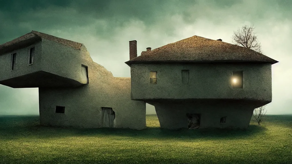 Prompt: the upside down house, film still from the movie directed by denis villeneuve with art direction by salvador dali, wide lens