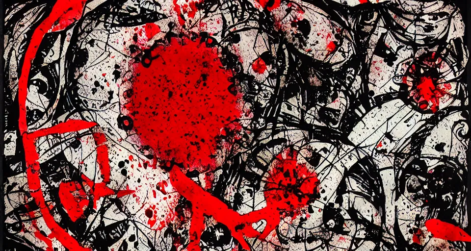 Image similar to category b film poster with trace of a shot in centre, ink painting with patterns, texture, blood splatter on the sides, focus render, painting, grainy tape, distortion, few details,