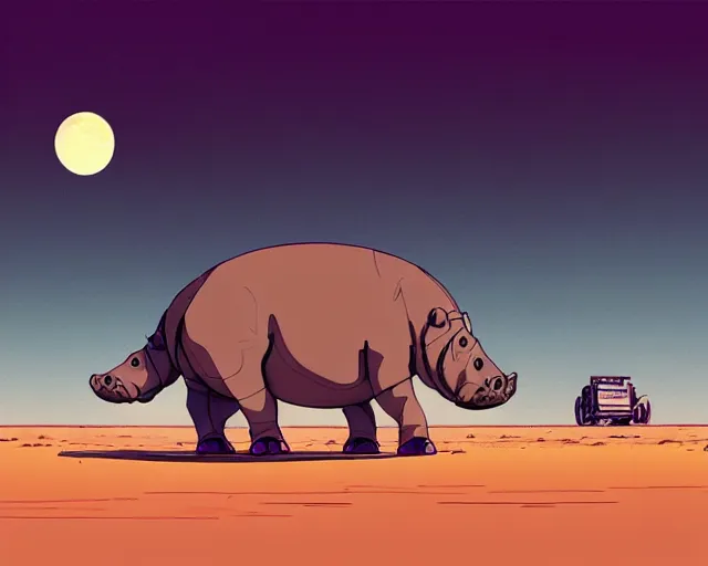 Image similar to a study of cell shaded cartoon of a mechanical hippo on a desert road, in front of a big moon illustration, wide shot, subtle colors, post grunge, concept art by josan gonzales and wlop, david rubin, mike mignola, laurie greasley, highly detailed, sharp focus, trending on artstation, hq, deviantart, art by artgem