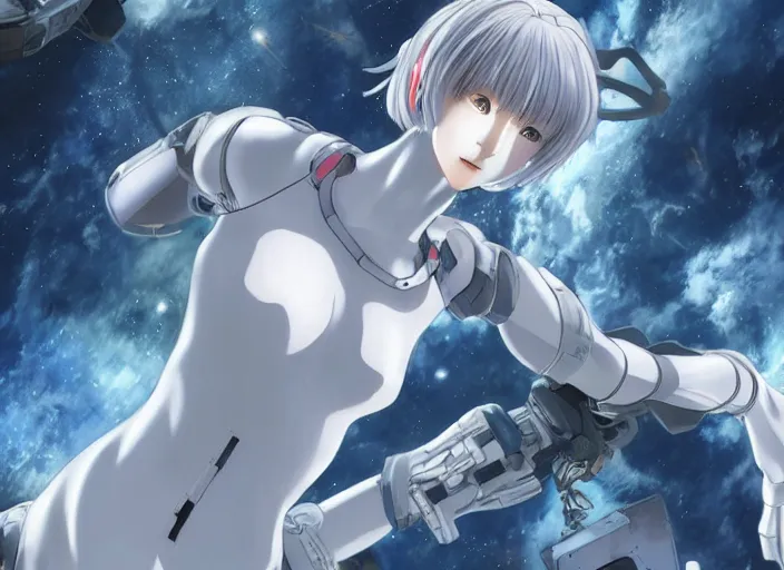 Image similar to This is a digital art piece by Yoshiyuki Sadamoto that is trending on artstation. It is a 8K UHD image of Rei Ayanami, a female anime character, inside a space station with technological rings. She is shot from the ground by Yoshiyuki Sadamoto. The environment is a concept design and the art is hyper realistic with intricate details.