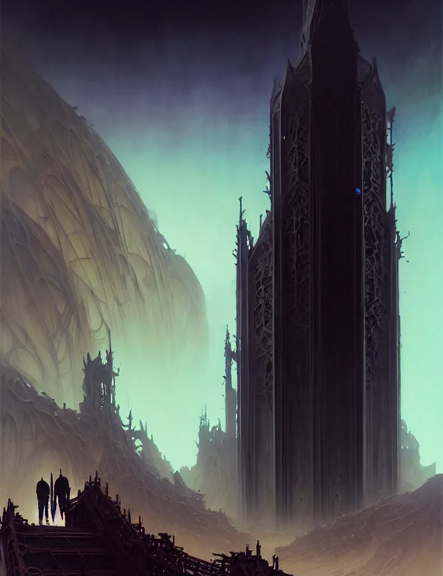 Image similar to detailed portrait, intricate complexity, by greg rutkowski, ross tran, conrad roset, takato yomamoto, ilya kuvshinov huge gothic crematorium on desert planet, elevator, side ramp entrance ambulance dead bodies, guards intricate, painting by lucian freud and mark brooks, bruce pennington, dark colors, neon, death, guards, nice style smoke