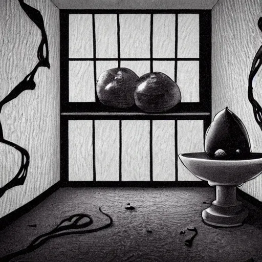 Prompt: a dimly lit creepy ominous room with a single bowl of mysterious alien fruits in the middle of the floor, moody, horror, abstract art, dark surrealism