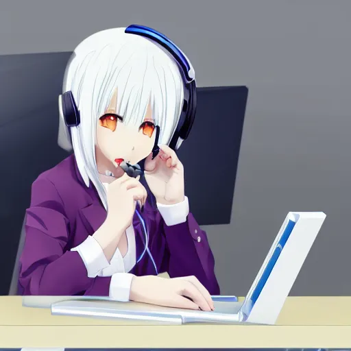 Prompt: anime girl with white hair and blue eyes, wearing cat ear headphones, sitting at desk at keyboard, programming, pixiv, anime