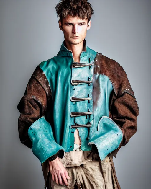 Image similar to an award - winning photo of a male model wearing a baggy teal distressed medieval menswear moto jacket inspired by medieval armour designed by issey miyake, 4 k, studio lighting, wide angle lens