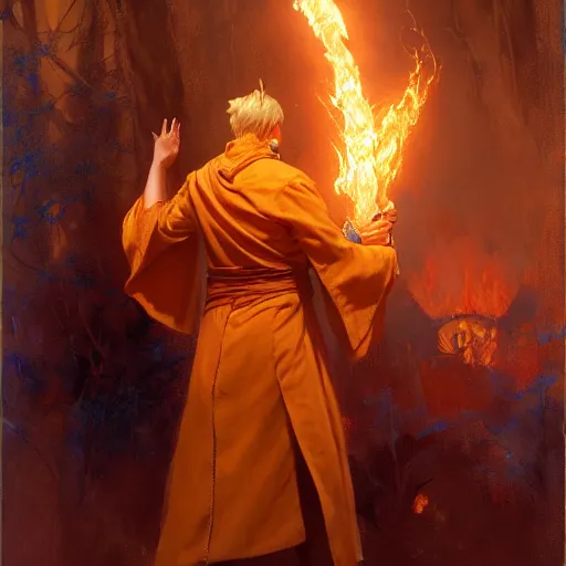 Prompt: young man using fire magic, wearing mages robes, back view, short blond hair, highly detailed painting by gaston bussiere, craig mullins, j. c. leyendecker 8 k
