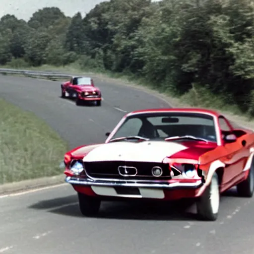 Image similar to coloured photograph of a muscled young white bald guy with broad shoulders, black shirt and a large chest driving a racing red mustang down a british road, high detail, very clear faces