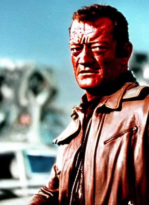 Prompt: film still of John Wayne as The Terminator in The Terminator, 4k