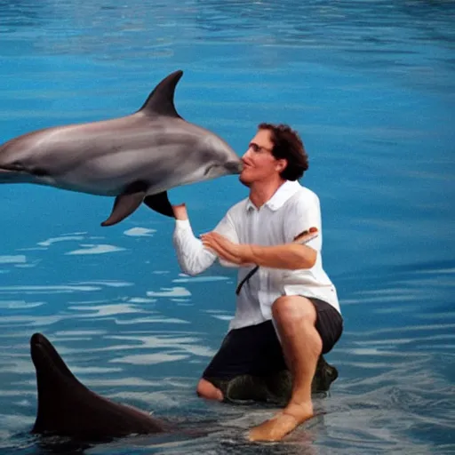 Image similar to prince of darkness having a chat with a dolphin