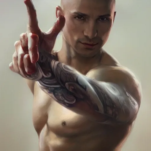 Prompt: A detailed matte oil on canvas painting of a white male martial artist monk, orchid arm tattoos by greg rutkowski and artgerm, trending on artstation, dungeons and dragons art