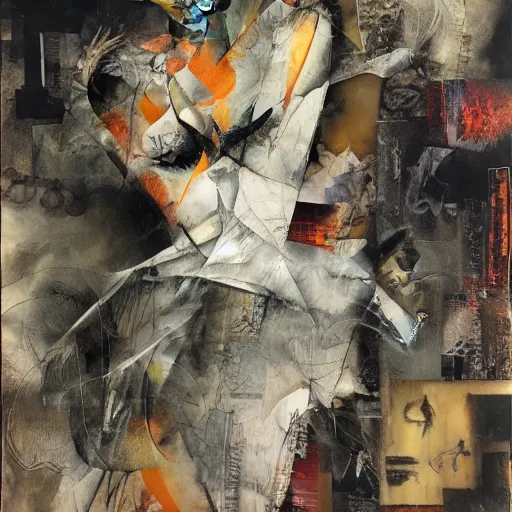 Image similar to tango, collage and oil on canvas by dave mckean and yoshitaka amano