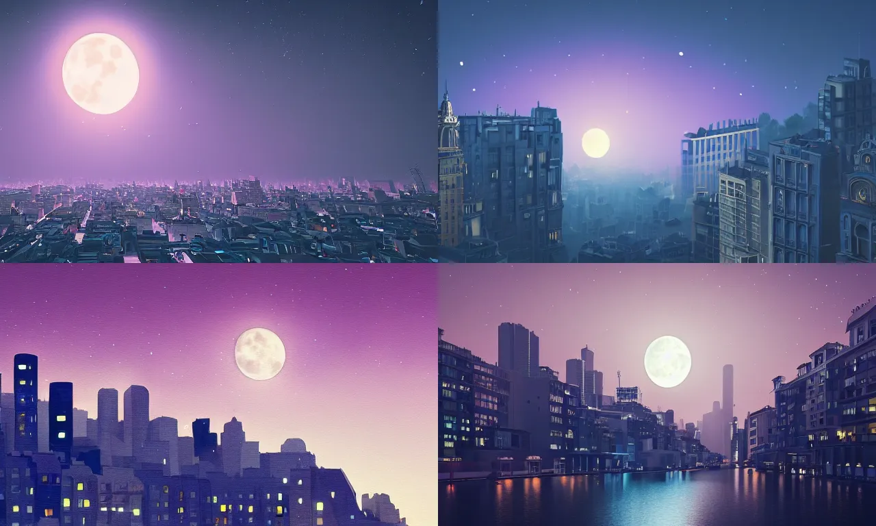 Prompt: The moonlight in the city illuminates the dream, by Mlian Vasek and Sylvain Sarrailh, Wide angle, 4K.