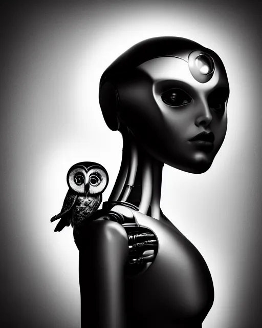 Image similar to surreal mythical dreamy dark artistic black and white fine art 3 / 4 fashion portrait photo of a young beautiful delicate female robot with orchid - owl face, rim light, cinematic, studio dramatic light, poetic, masterpiece, octane render, 8 k, photo - realistic by hg giger and man ray