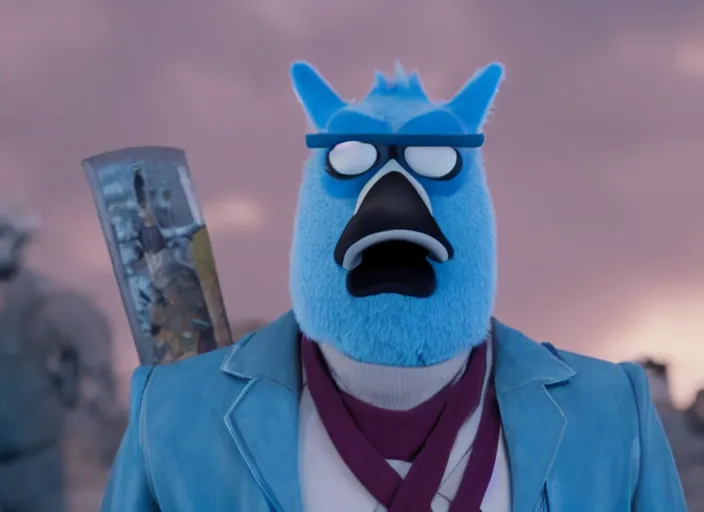 Image similar to film still of mordecai from regular show in the new scifi movie, 4 k