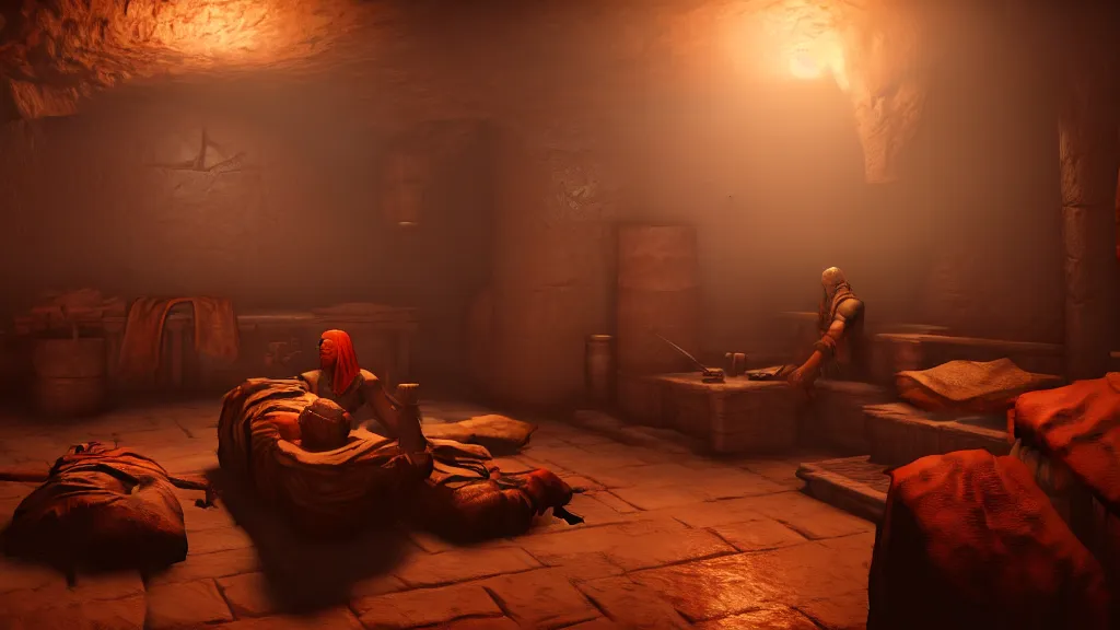 Prompt: delicious torch lit prison dungeon jail cell atmospheric unreal engine hyperreallistic render 8k character concept art masterpiece screenshot from the video game Assassin's creed odyssey origins moody orange 2700K global illumination