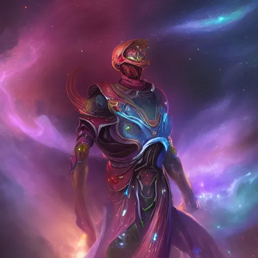 Image similar to photorealistic fantasy cosmic concept art of a cosmic nebula God in dark matter armor hovering in a unknown galaxy, fully body portrait, cinematic, dynamic lighting, ultra detailed, creative, trending on art station