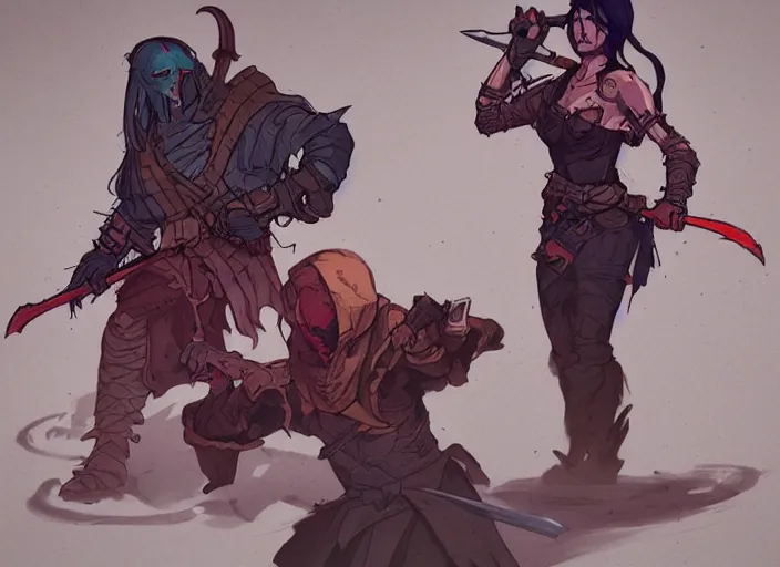 Prompt: character design, idle, colored, sword, sprite, darkest dungeon, pc game, sideview, art by moebius and greg rutkowski, artgerm