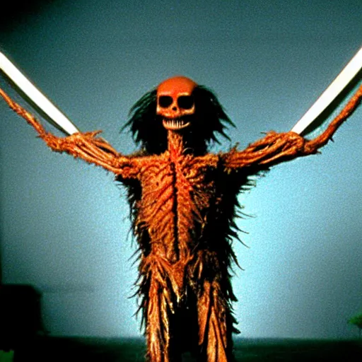 Prompt: a scary filmic wide shot color ground level angle movie still 3 5 mm film photograph of the full body of a winged fallen angel holding a sword!!!!!!!!!!!!, with multiple elongated arms protruding from its back, in the style of nature documentary footage, the thing 1 9 8 2, 8 k resolution