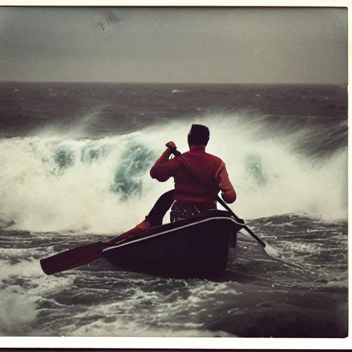 Prompt: a man in a small rowboat on tumultuous ocean. Big waves. Maelstrom storm clouds and rain. Polaroid