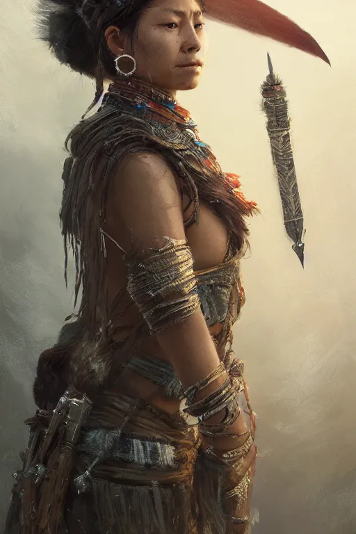 Image similar to a fancy portrait of a tribal women a sci-fi sword by Greg Rutkowski, Sung Choi, Mitchell Mohrhauser, Maciej Kuciara, Johnson Ting, Maxim Verehin, Peter Konig, final fantasy , mythical, 8k photorealistic, cinematic lighting, HD, high details, atmospheric,