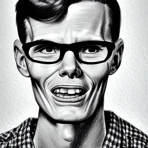 Prompt: A 1950s Style Comic-Like Drawing of iDubbbz, grainy, realistic, hyperrealistic, very realistic, very very realistic, highly detailed, very detailed, extremely detailed, detailed, digital art, trending on artstation, detailed face, very detailed face, very detailed face, realism, HD Quality, 8k resolution, intricate details, body and head in frame, drawing, inked drawing, comic drawing, neat drawing, 1950s, 50s, in the style of Frank Hampson, in the style of Frank Bellamy, in the style of Dave Gibbons, in the style of Don Lawrence, in the style of Wally Wood