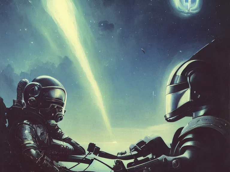 Image similar to a detailed profile painting of a bounty hunter in armour and visor, cinematic sci-fi poster. Spaceship high in the background. Flight suit, anatomy portrait symmetrical and science fiction theme with lightning, aurora lighting clouds and stars. Clean and minimal design by beksinski carl spitzweg and tuomas korpi. baroque elements. baroque element. intricate artwork by caravaggio. Oil painting. Trending on artstation. 8k