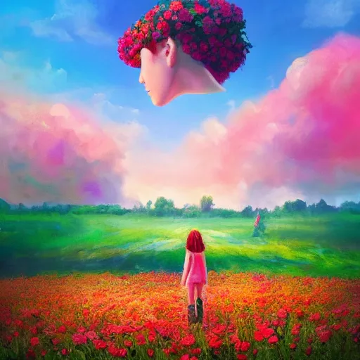 Image similar to giant rose in front of face and head, girl frontal in a flower field, surreal photography, sunrise dramatic light, impressionist painting, colorful clouds, digital painting, artstation, simon stalenhag