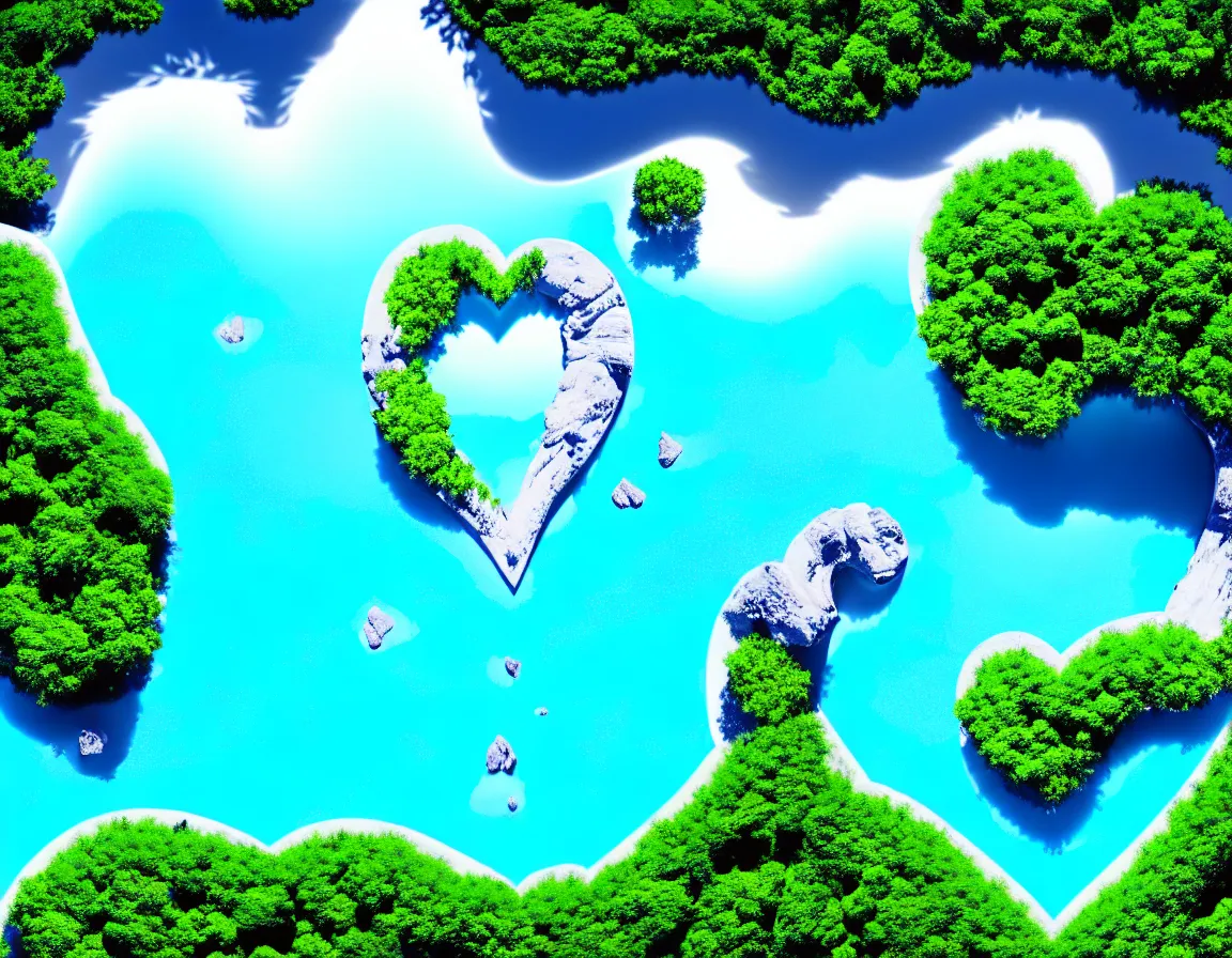 Image similar to realistic wide angle photograph of exotic tree heart / shaped island with blue lagoon, tranquil scene, trending on artstation, featured on pixiv