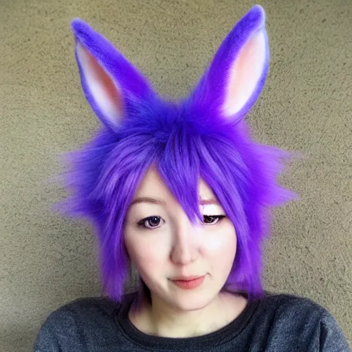 Prompt: bunny furry, pink fur, purple fluffy hair on top of head, anime style