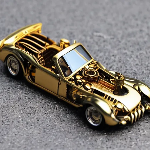 Image similar to 5 5 mm photo of metallic gold steampunk shelby like hot wheels model with a london city as background