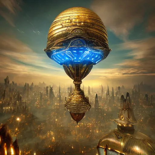 Image similar to enormous flying city in a gigantic faberge egg, sky, steampunk, floating islands, fantasy art, unreal engine,