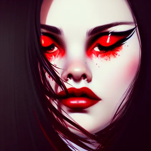 Prompt: a realistic illustration portrait of a beautiful cute girl with wavy black and red hair, a pointy nose and, round chin black eyeliner, trending on artstation, hyper - realistic lighting, intricate, ross tran, realistic hair