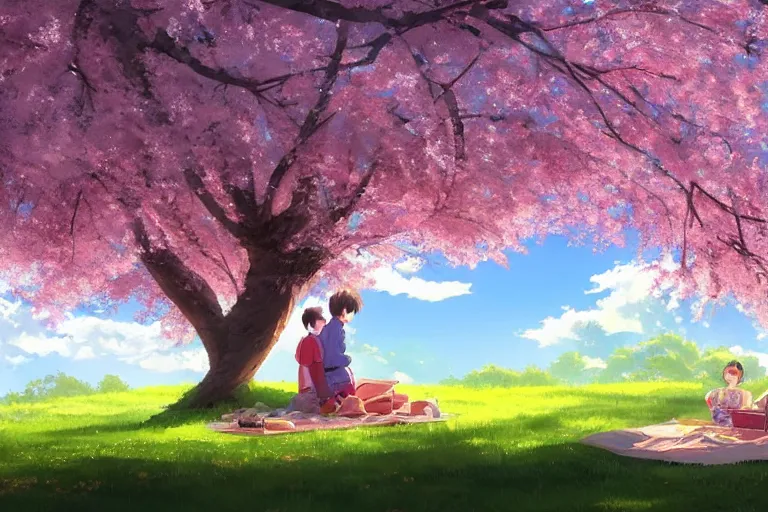 Prompt: a boy and a girl picnicking under a Sakura tree on a hill. By Makoto Shinkai, Stanley Artgerm Lau, WLOP, Rossdraws, James Jean, Andrei Riabovitchev, Marc Simonetti, krenz cushart, Sakimichan, trending on ArtStation, digital art.