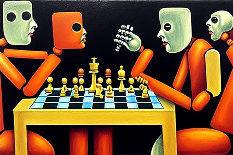 Image similar to portrait of two robots playing chess, highly detailed, painting by otto dix, 8 k