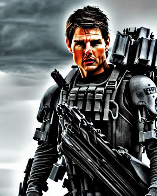 Image similar to tom cruise in edge of tomorrow, hyperrealism, editorial