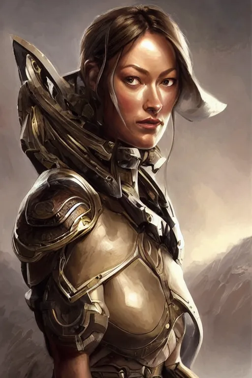 Image similar to a professional painting of a young Olivia Wilde, clothes in military armor, olive skin, long dark hair, beautiful bone structure, symmetrical facial features, intricate, elegant, digital painting, concept art, smooth, sharp focus, illustration, from StarCraft by Ruan Jia and Mandy Jurgens and Artgerm and William-Adolphe Bouguerea