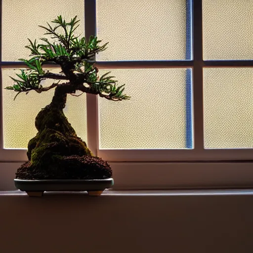 Prompt: a miniature bonsai in a window, inside a room, 8k, hdr, warm lighting, sunlight coming through the window