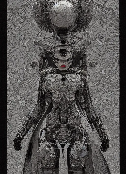 Image similar to 2 d illustration, grained risograph, vintage horror sci - fi portrait of a futuristic silver armored geisha district 9 cyborg, parallax, fractal, intricate, elegant, highly detailed, by jheronimus bosch and moebius louis jacques mande daguerre and szukalski