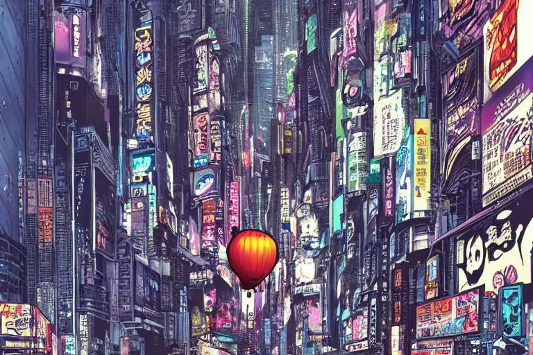 Prompt: an intricate, awe inspiring cyberpunk illustration of a girl with balloon, Times Square, by masamune shirow and katsuhiro otomo ((colorful))