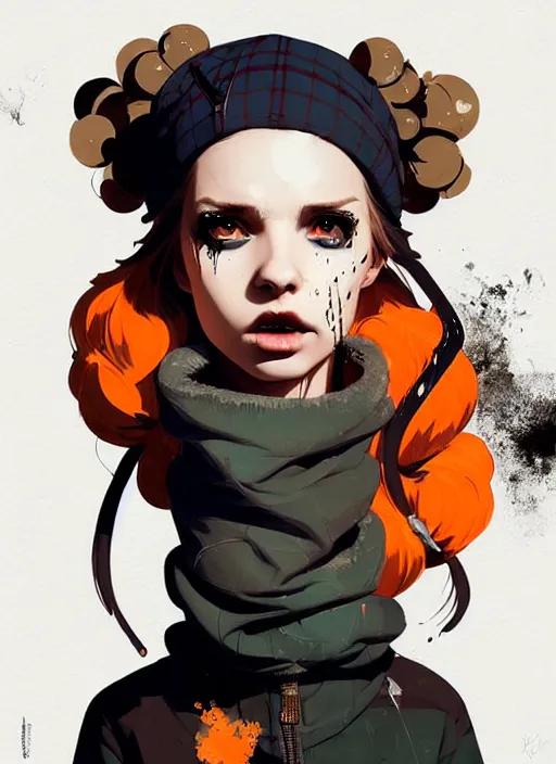 Image similar to highly detailed portrait of a sewer punk lady, tartan hoody, blonde ringlet hair by atey ghailan, by greg rutkowski, by greg tocchini, by james gilleard, by joe fenton, by kaethe butcher, gradient orange, black, cream and white color scheme, grunge aesthetic!!! ( ( graffiti tag wall background ) )