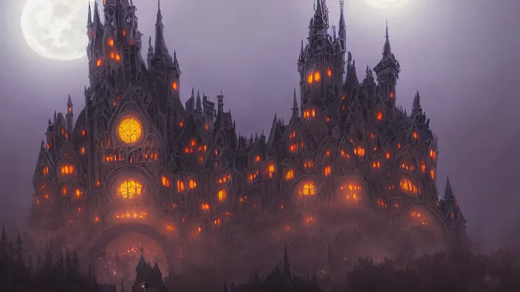 Image similar to foggy intricate gothic castle under the full moon, epic, intricate oil painting, high detail illustration, sharp high detail, manga and anime, official fanart behance hd artstation by jesper ejsing and makoto shinkai, 4 k,