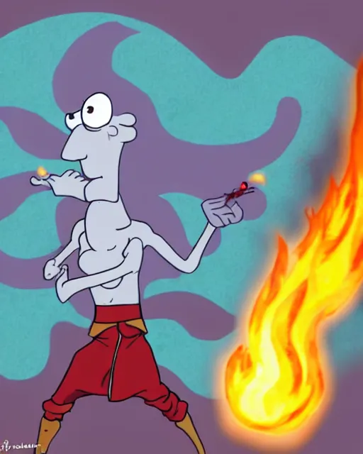 Prompt: squidward wearing fire nation clothing and practicing firebending