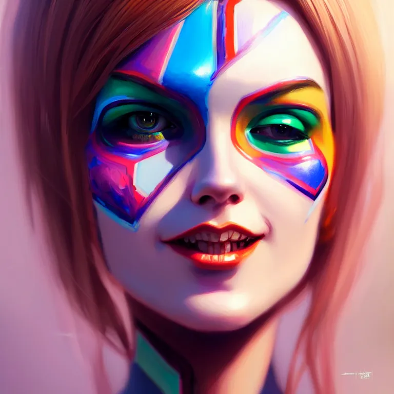 Image similar to android robot woman face painting, looking straight to camera, moderate colors, ornate, digital art, cute smile, winning artwork, digital painting, professional art, elegant, by Ilya Kuvshinov, by artgerm