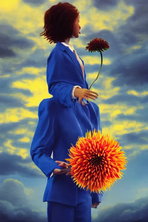 Image similar to closeup giant dahlia flower head, girl in a suit on a street, surreal photography, blue sky, sunrise, dramatic light, impressionist painting, digital painting, artstation, simon stalenhag